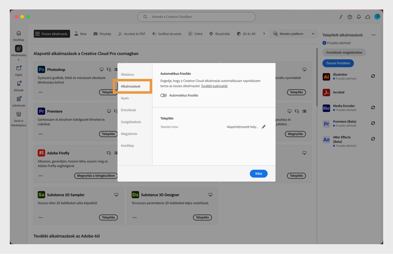 Az Adobe Creative Cloud beállítások panel megnyitva az „Alkalmazások” fülön, mutatva az automatikus frissítés, telepítési hely és sávszélesség-használat lehetőségeket.