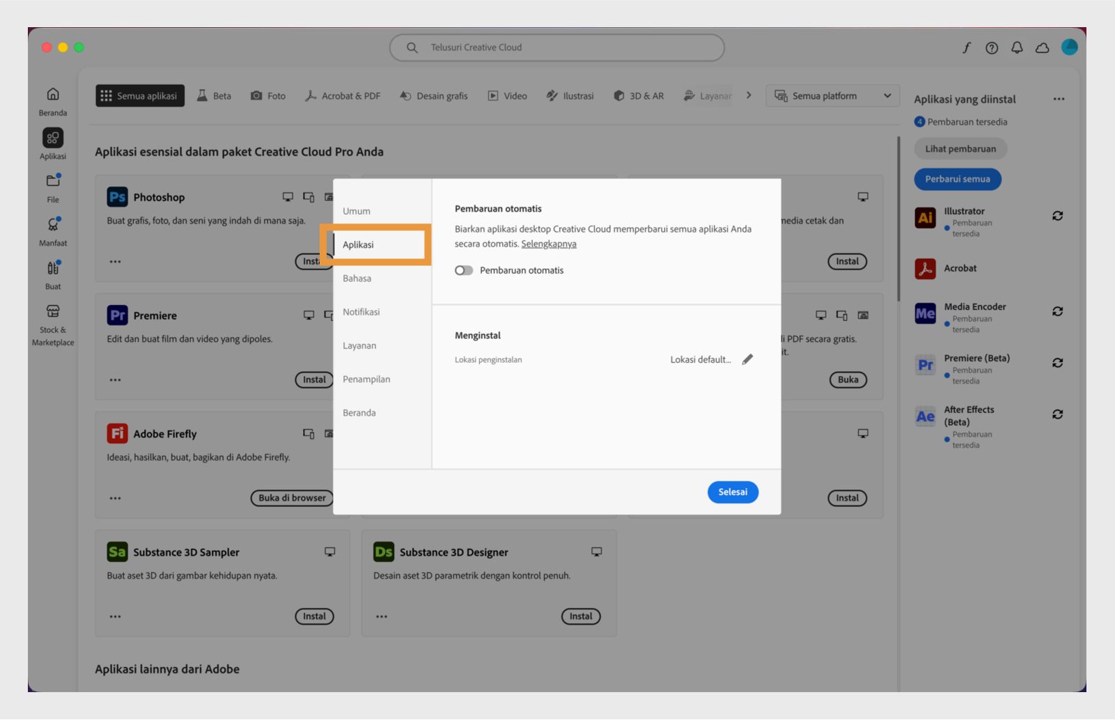 Panel preferensi Adobe Creative Cloud terbuka pada tab "Aplikasi", menampilkan opsi untuk pembaruan otomatis, lokasi instalasi, dan penggunaan bandwidth.