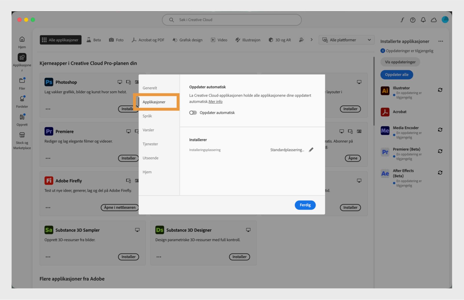Adobe Creative Cloud-innstillingspanelet åpent på «Apper»-fanen, som viser alternativer for automatisk oppdatering, installasjonssted og båndbreddebruk.