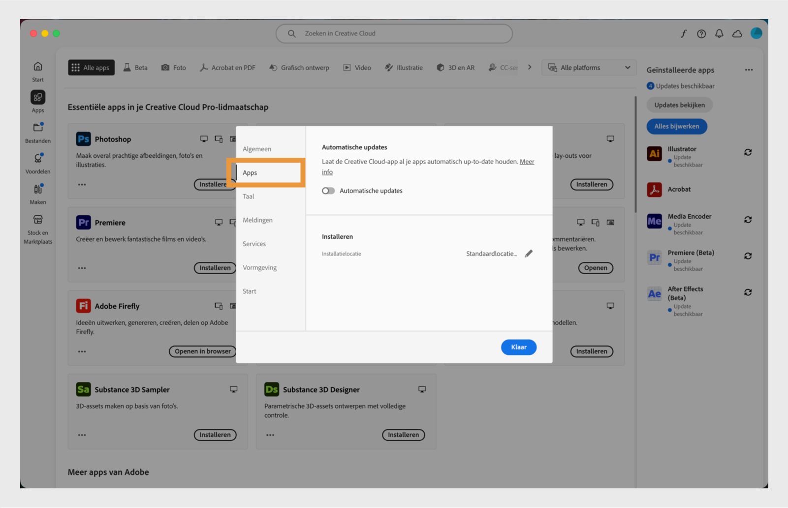 Het deelvenster Voorkeuren van Adobe Creative Cloud is geopend op het tabblad Apps met opties voor automatisch bijwerken, installatielocatie en bandbreedtegebruik.