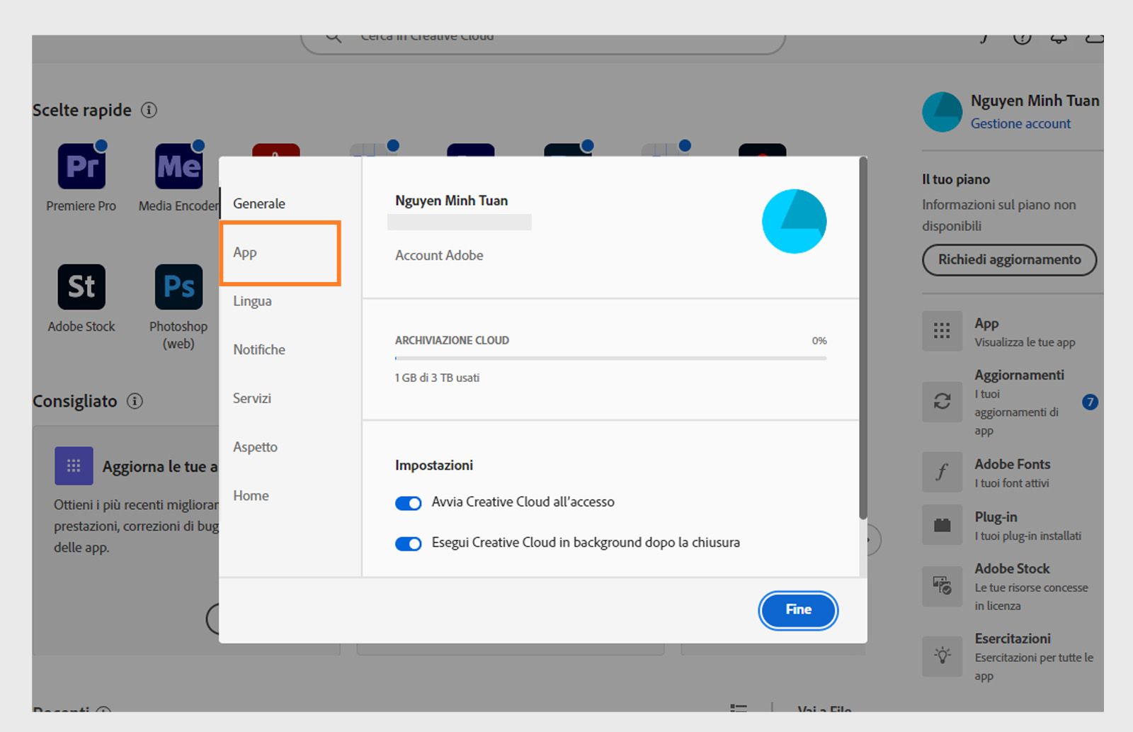 Pannello delle preferenze di Adobe Creative Cloud aperto nella scheda “Applicazioni”, che mostra le opzioni per l’aggiornamento automatico, la posizione di installazione e l’utilizzo della larghezza di banda.
