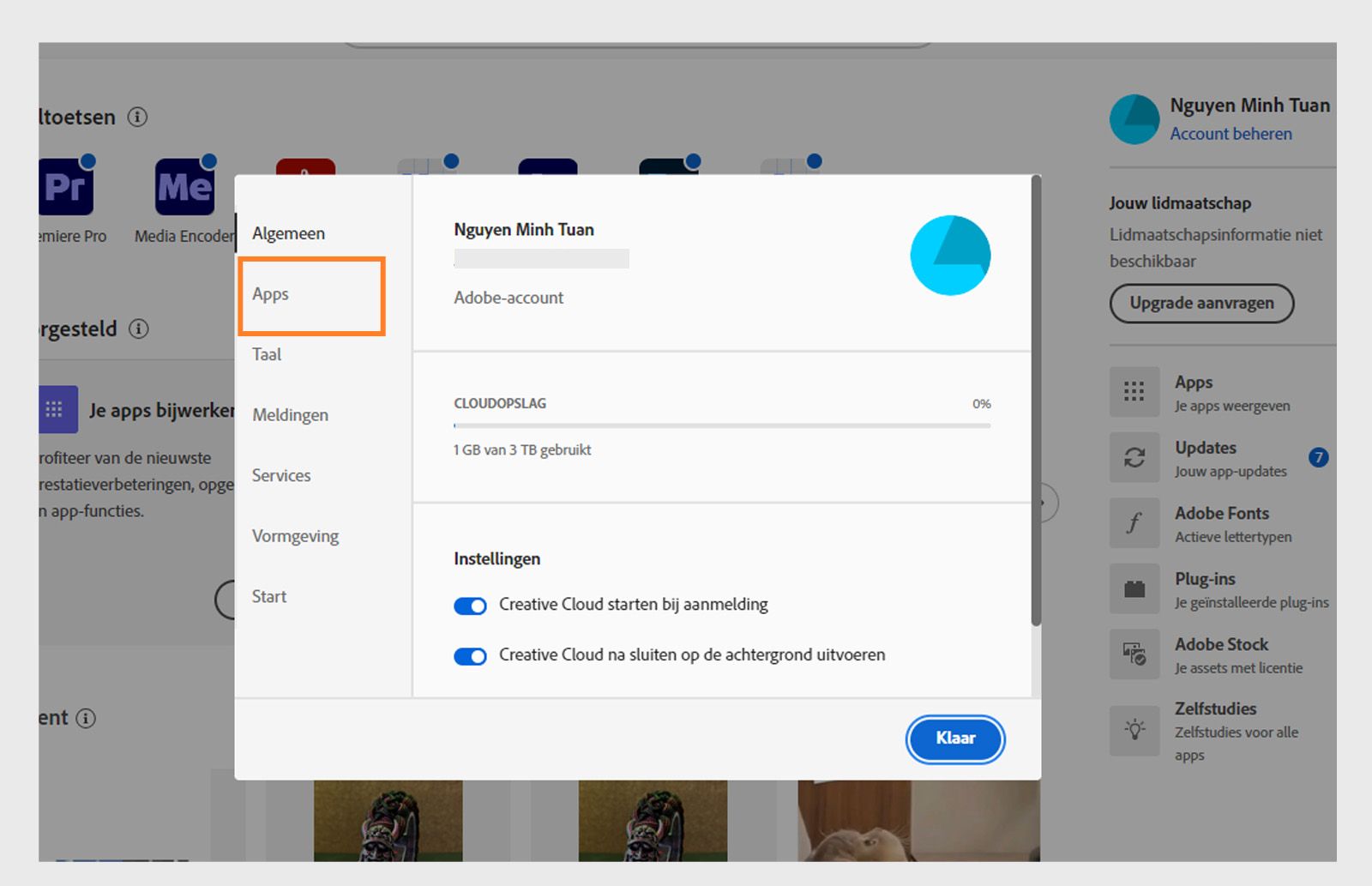 Het deelvenster Voorkeuren van Adobe Creative Cloud is geopend op het tabblad Apps met opties voor automatisch bijwerken, installatielocatie en bandbreedtegebruik.
