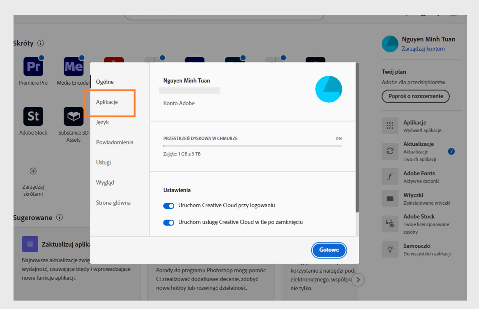 Panel preferencji Adobe Creative Cloud otwarty na karcie „Aplikacje", pokazujący opcje automatycznej aktualizacji, lokalizacji instalacji i wykorzystania przepustowości.
