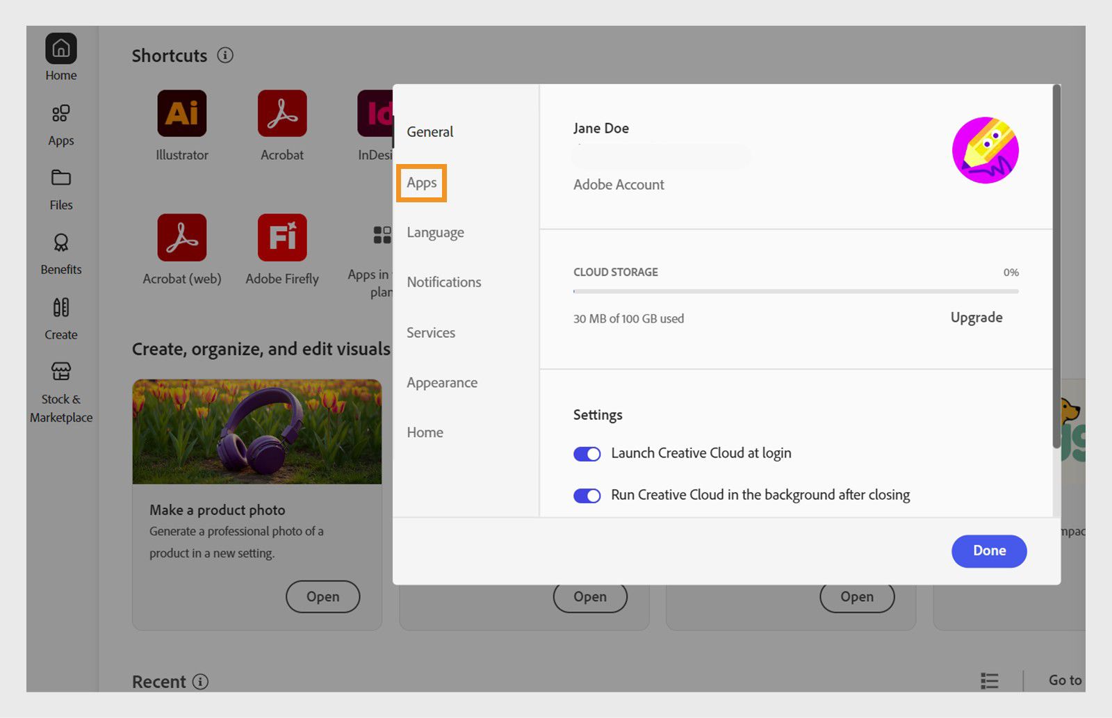 Panoul de preferințe Adobe Creative Cloud deschis în fila „Aplicații", afișând opțiuni pentru actualizare automată, locația de instalare și utilizarea lățimii de bandă.