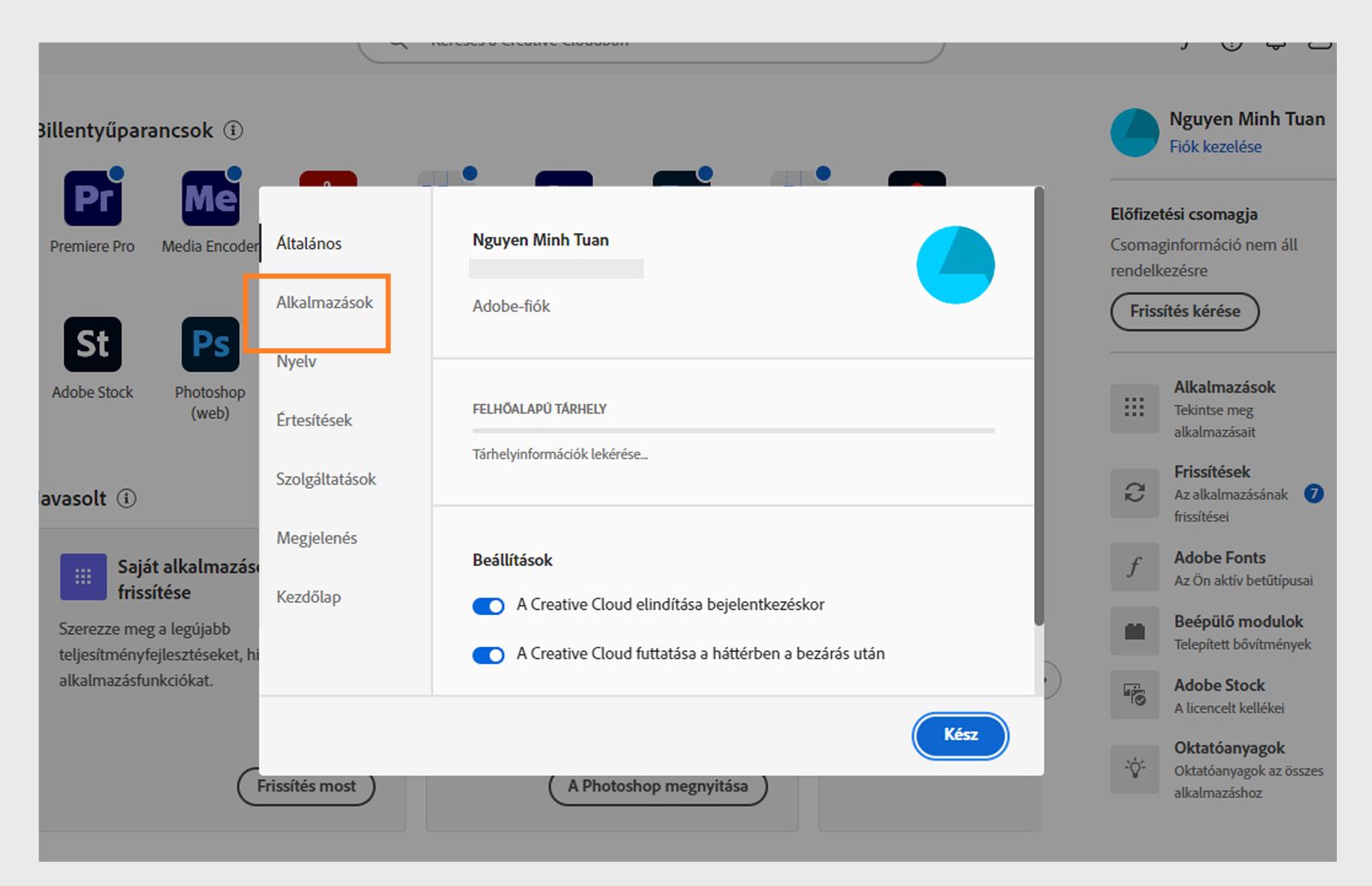 Az Adobe Creative Cloud beállítások panel megnyitva az „Alkalmazások” fülön, mutatva az automatikus frissítés, telepítési hely és sávszélesség-használat lehetőségeket.
