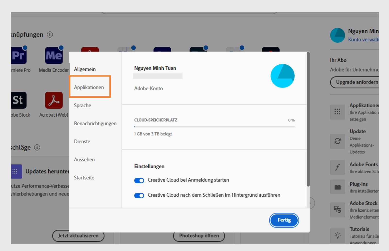 Das Einstellungsfenster von Adobe Creative Cloud wird auf der Registerkarte „Apps“ geöffnet und zeigt Optionen für die automatische Aktualisierung, den Installationsort und die Bandbreitennutzung an.