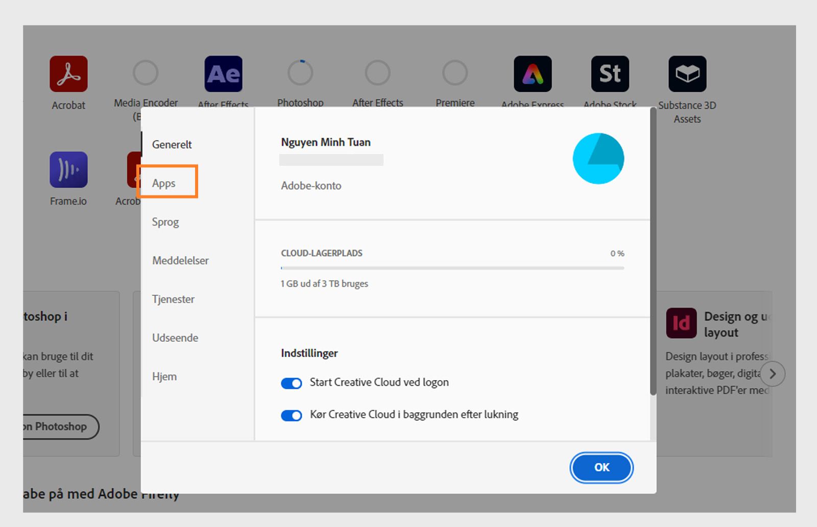 Panelet Præferencer, der er åbent i Adobe Creative Cloud på fanen "Apps" og viser indstillinger for automatisk opdatering, installationsplacering og båndbreddeforbrug.