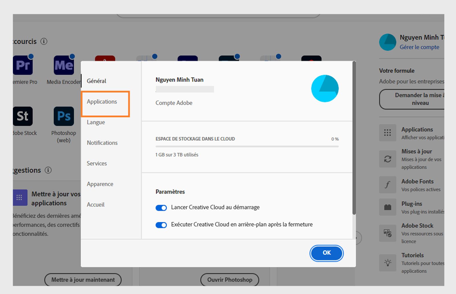 Panneau des préférences d'Adobe Creative Cloud ouvert sur l'onglet « Applis », affichant les options de mise à jour automatique, d'emplacement d'installation et d'utilisation de la bande passante.