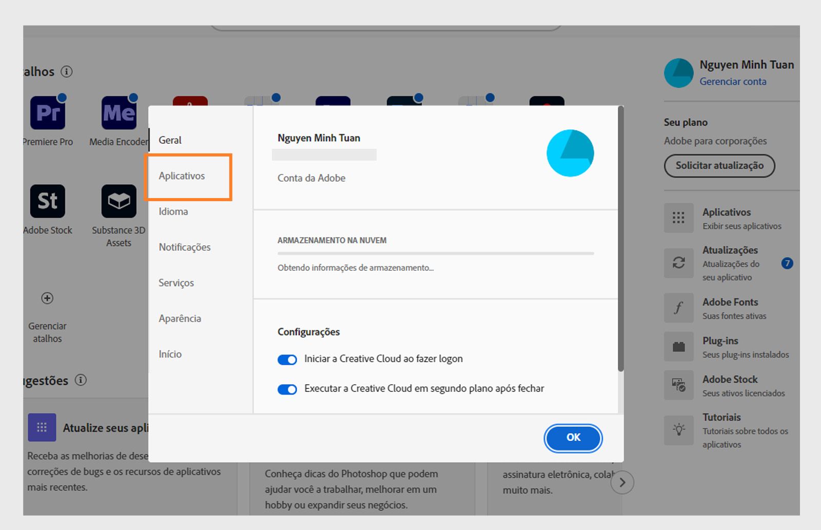 Painel de preferências da Adobe Creative Cloud aberto na guia “Aplicativos”, mostrando opções de atualização automática, local de instalação e uso de largura de banda.