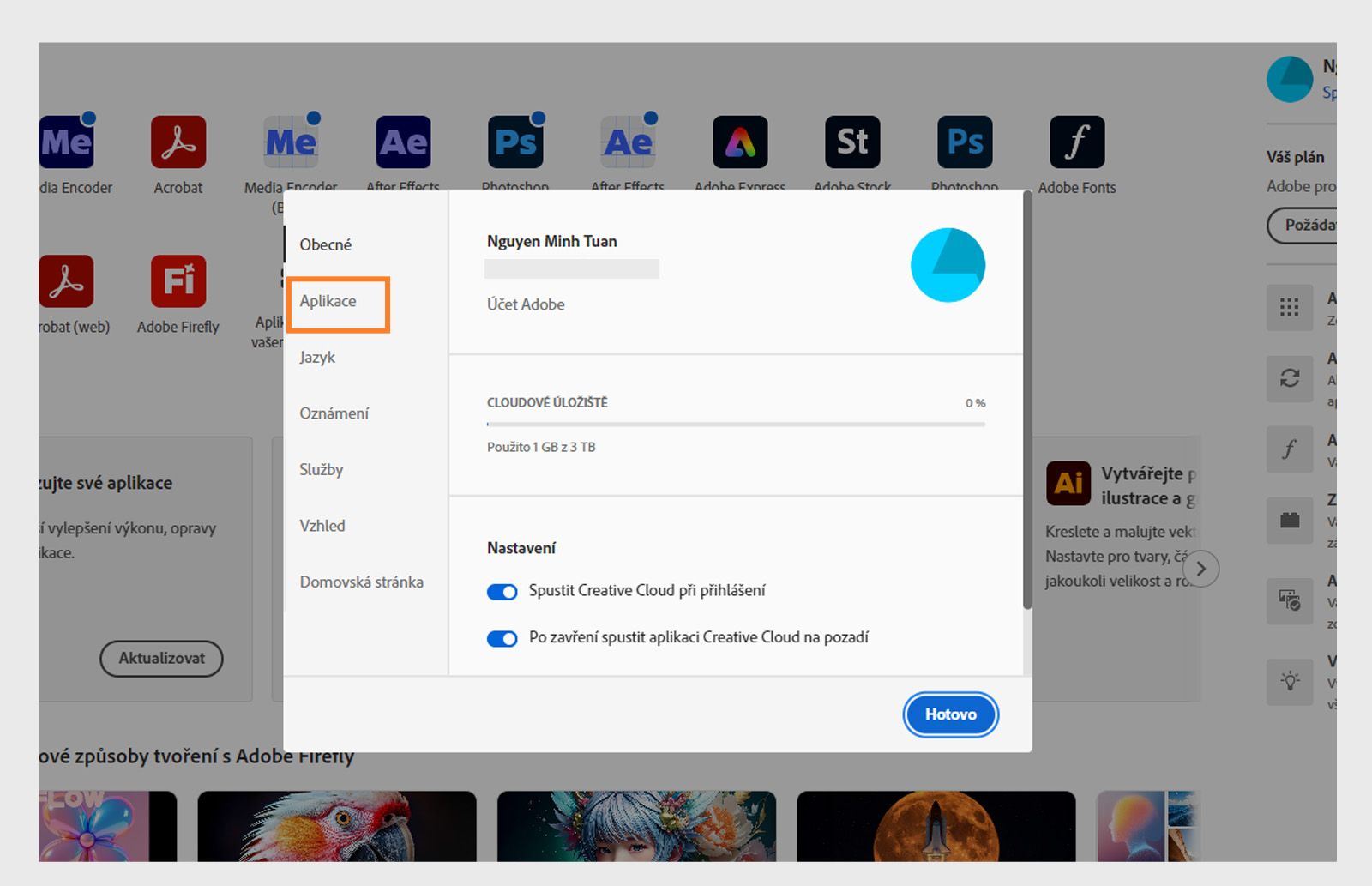 Panel předvoleb Adobe Creative Cloud otevřený na kartě Aplikace, zobrazující možnosti automatické aktualizace, umístění instalace a využití šířky pásma.