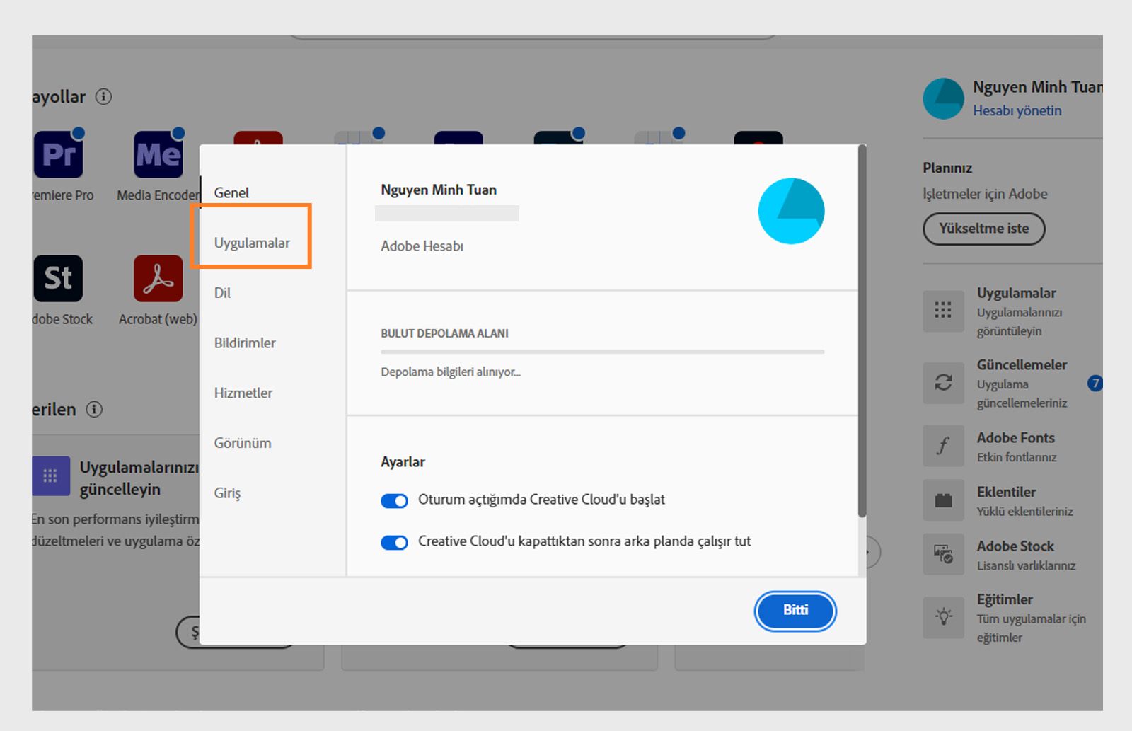 "Uygulamalar" sekmesinde açık olan Adobe Creative Cloud tercihleri paneli, otomatik güncelleme, yükleme konumu ve bant genişliği kullanımına yönelik seçenekleri gösteriyor.