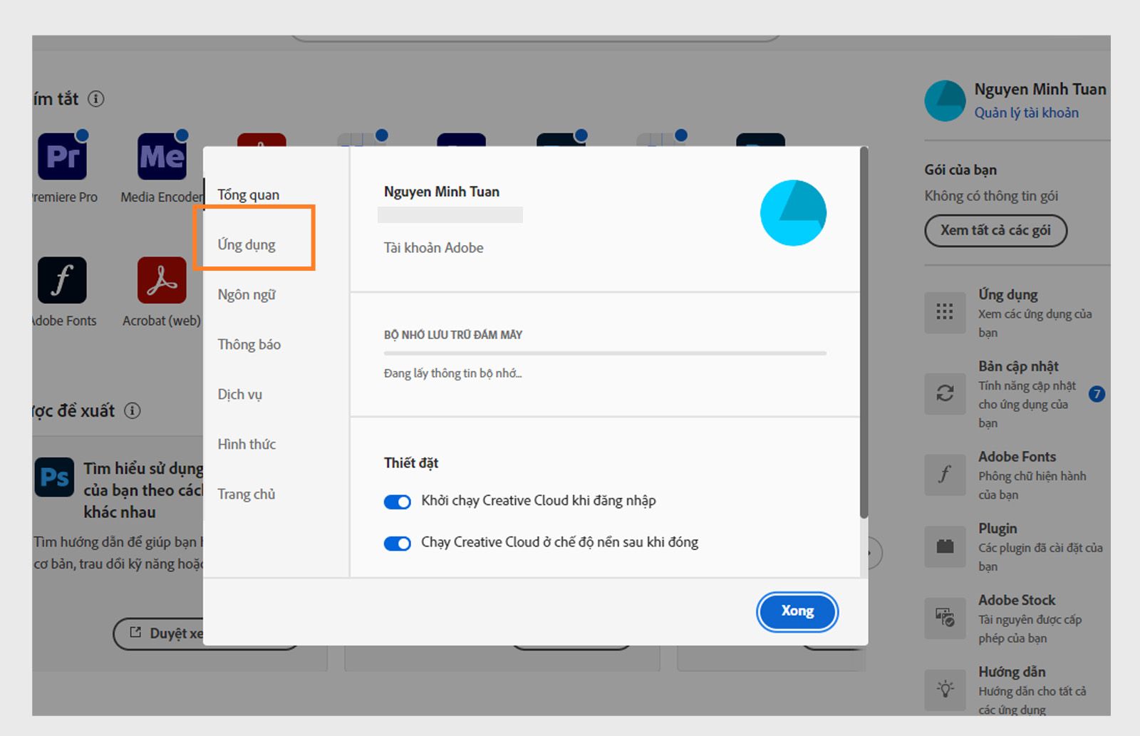 Bảng lựa chọn ưu tiên của Adobe Creative Cloud đang mở trên tab "Ứng dụng", hiển thị các tùy chọn tự động cập nhật, vị trí cài đặt và mức sử dụng băng thông.