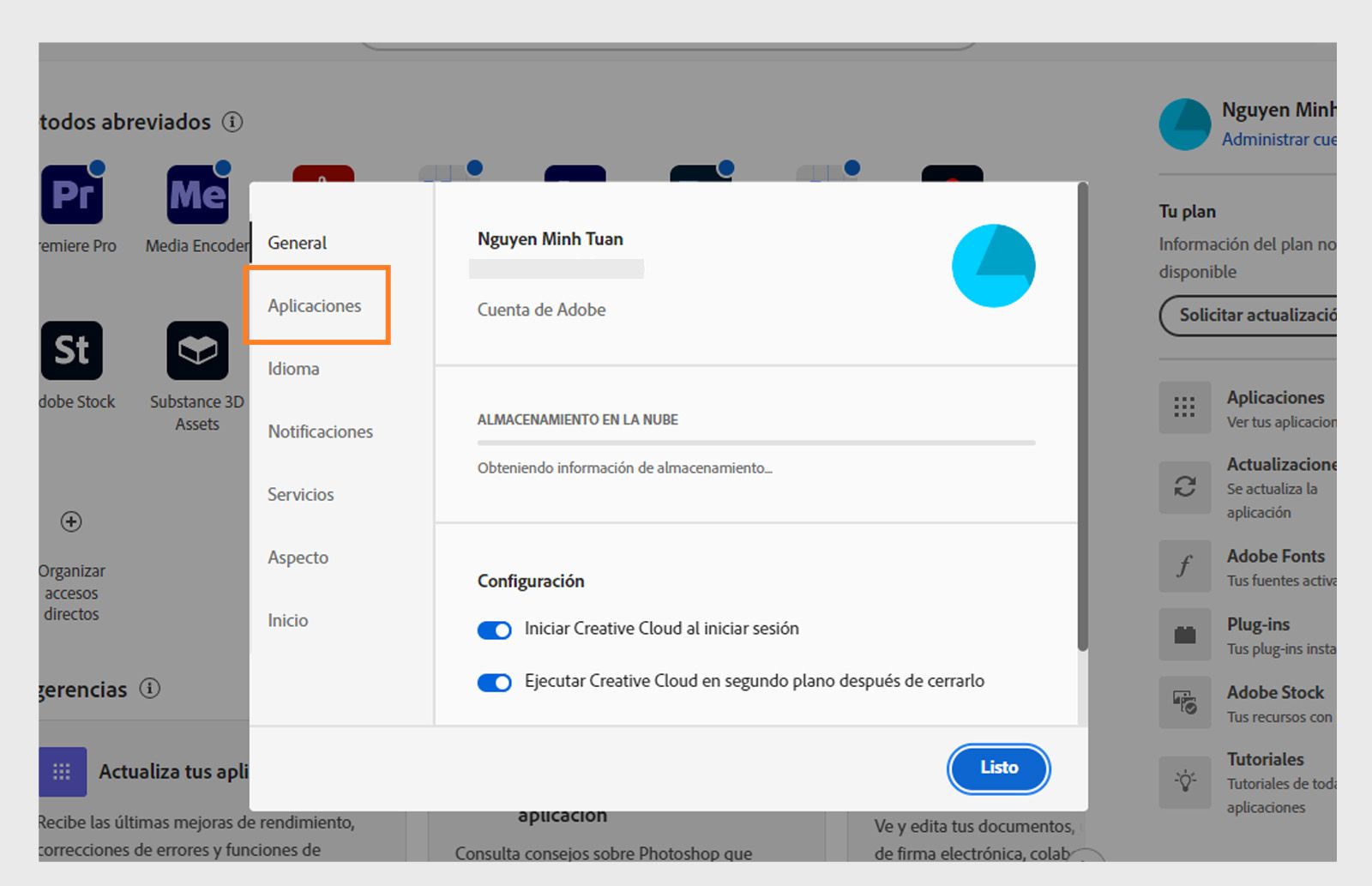 Panel de preferencias de Adobe Creative Cloud abierto en la pestaña "Aplicaciones", mostrando opciones para actualización automática, ubicación de instalación y uso de ancho de banda.