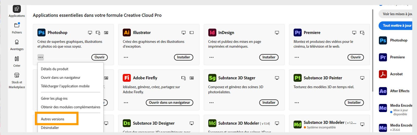 Le menu Plus d'actions offre la possibilité d'installer des versions antérieures d'une application. Vous pouvez installer les versions antérieures disponibles de n'importe quelle application Creative Cloud. 