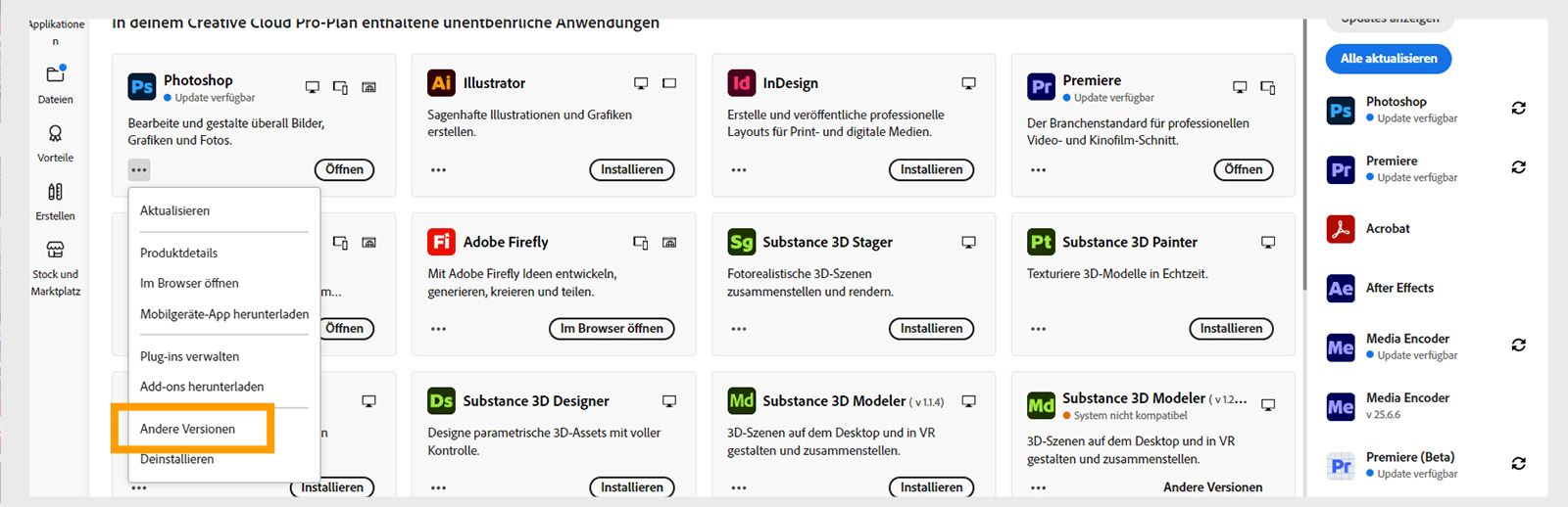 Das Menü „Weitere Aktionen“ bietet die Möglichkeit, ältere Versionen einer Anwendung zu installieren. Du kannst die verfügbaren älteren Versionen jeder Creative Cloud-Anwendung installieren. 