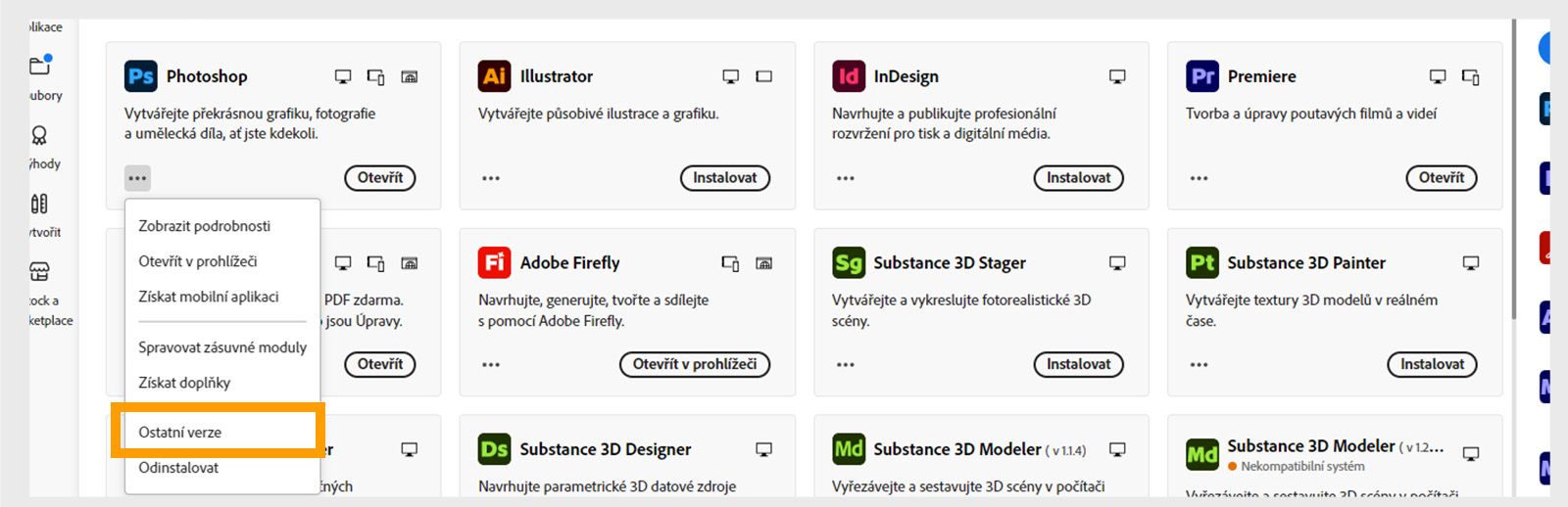 Nabídka Další akce poskytuje možnost instalace starších verzí aplikace. Můžete nainstalovat dostupné starší verze jakékoli aplikace Creative Cloud. 