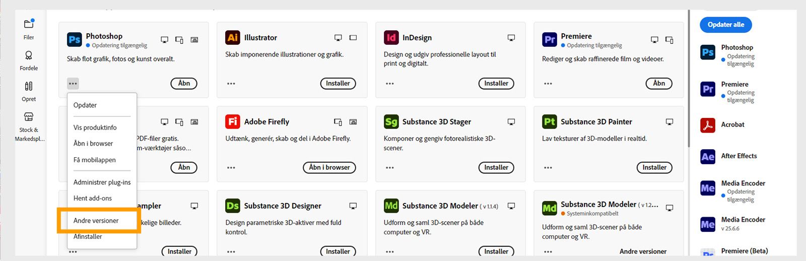 Menu Więcej działań umożliwia instalację starszych wersji aplikacji. Można zainstalować dostępne starsze wersje dowolnej aplikacji Creative Cloud. 