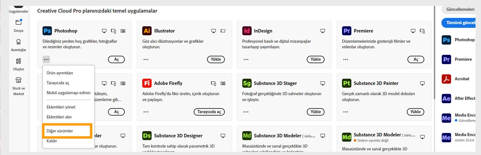 Diğer işlemler menüsü, bir uygulamanın eski sürümlerini yükleme seçeneği sunar. Herhangi bir Creative Cloud uygulamasının mevcut eski sürümlerini yükleyebilirsiniz. 