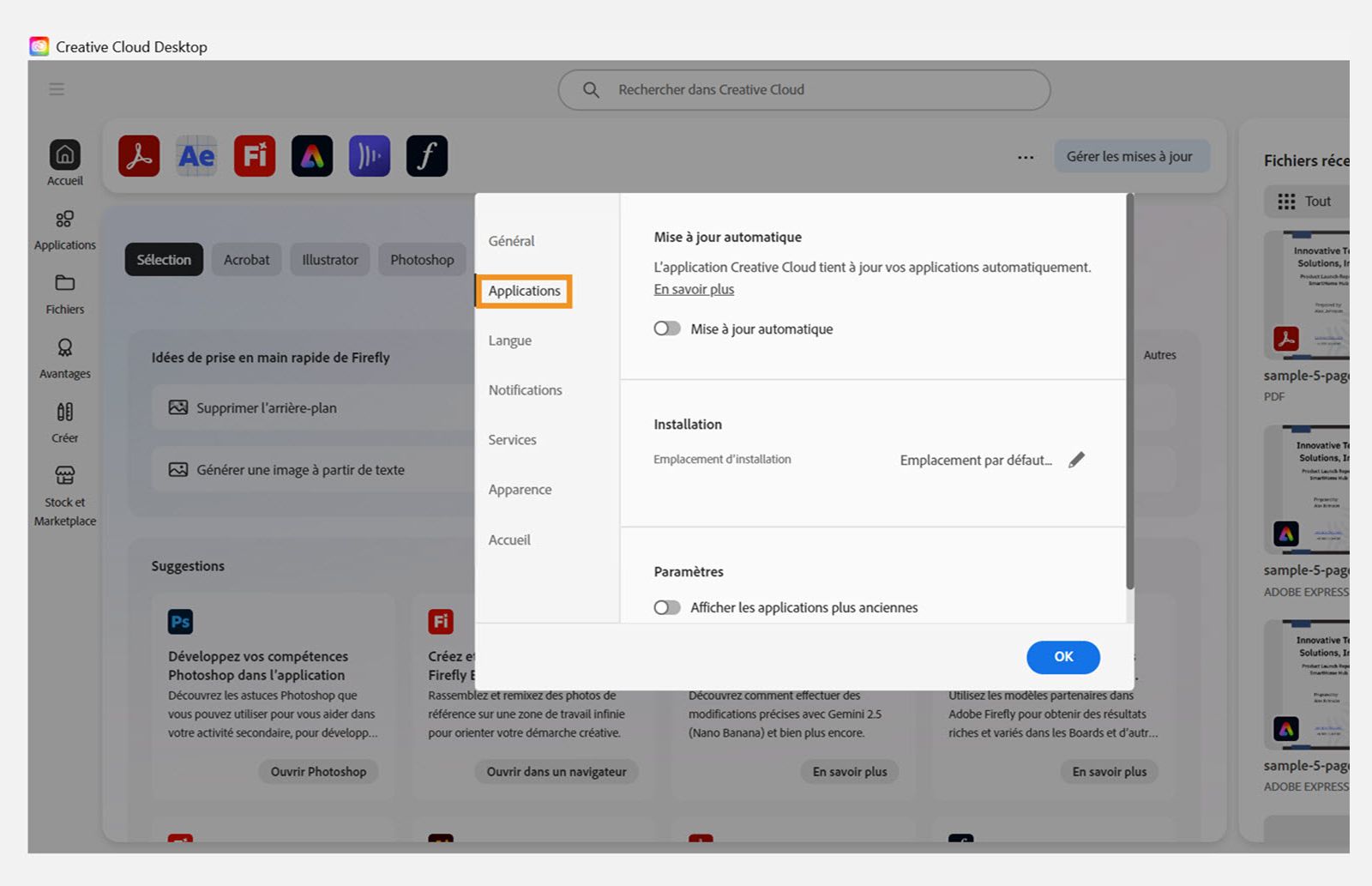 Panneau des préférences d'Adobe Creative Cloud ouvert sur l'onglet « Applis », affichant les options de mise à jour automatique, d'emplacement d'installation et d'utilisation de la bande passante.