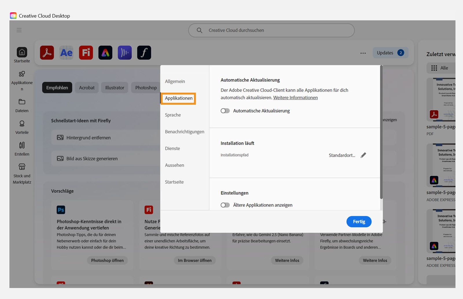 Das Einstellungsfenster von Adobe Creative Cloud wird auf der Registerkarte „Apps“ geöffnet und zeigt Optionen für die automatische Aktualisierung, den Installationsort und die Bandbreitennutzung an.
