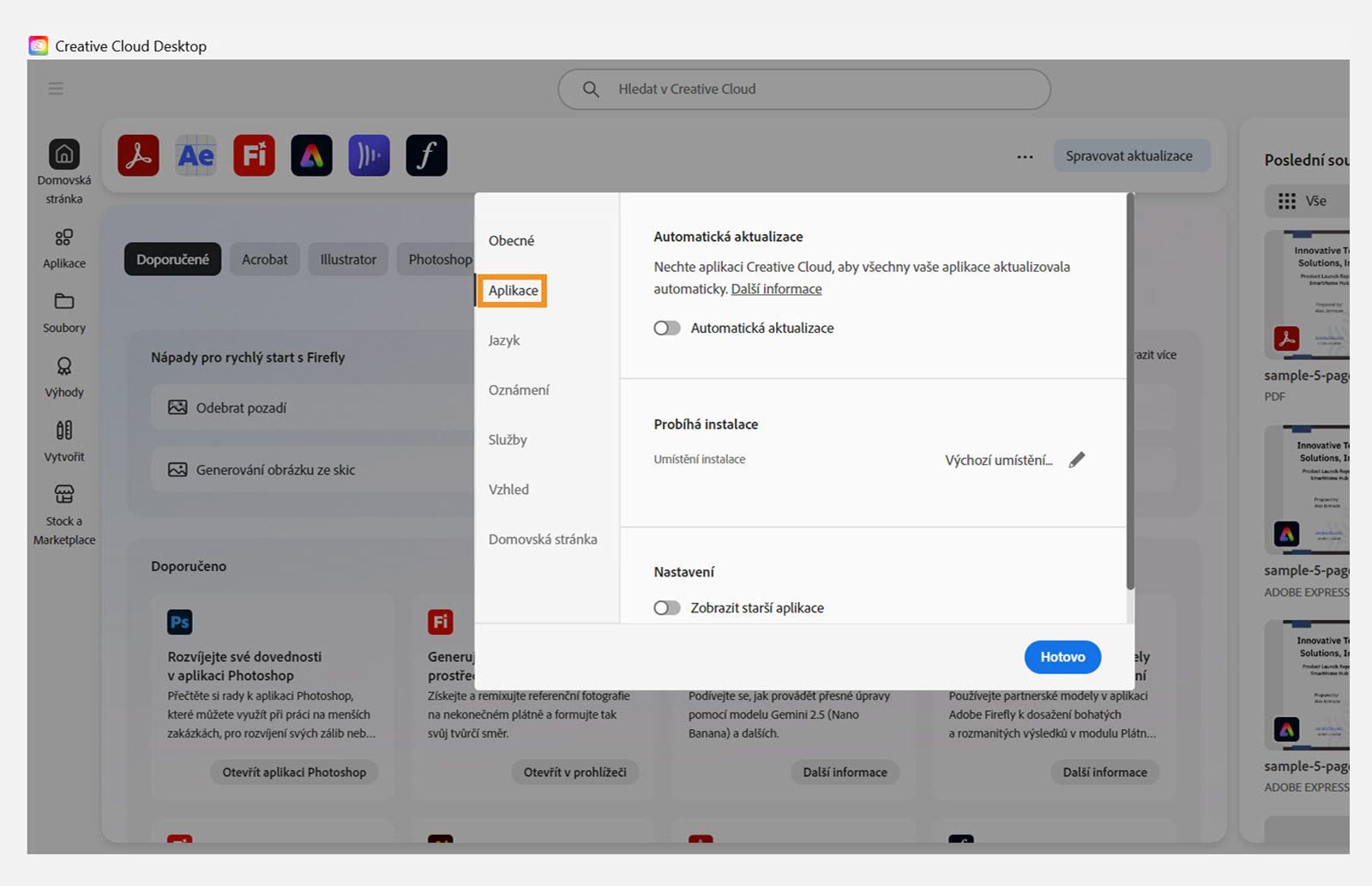 Panel předvoleb Adobe Creative Cloud otevřený na kartě Aplikace, zobrazující možnosti automatické aktualizace, umístění instalace a využití šířky pásma.
