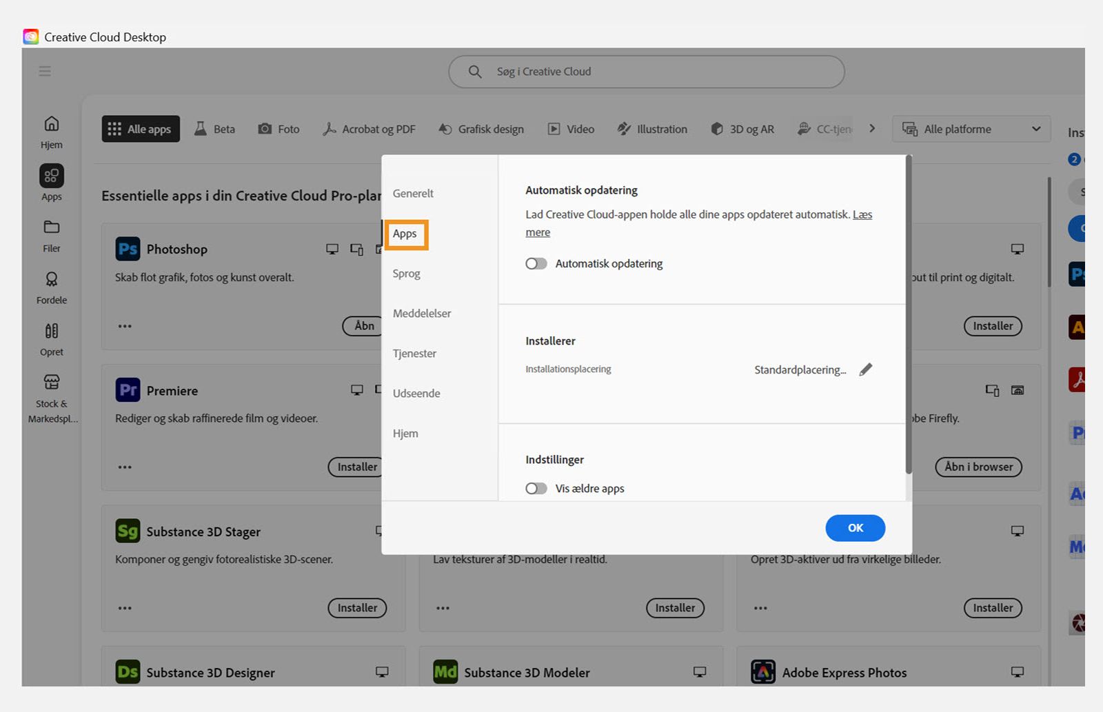 แผงการกำหนดลักษณะ Adobe Creative Cloud เปิดอยู่ที่แท็บ "แอป" แสดงตัวเลือกสำหรับการอัปเดตอัตโนมัติ ตำแหน่งที่ติดตั้ง และการใช้แบนด์วิดท์