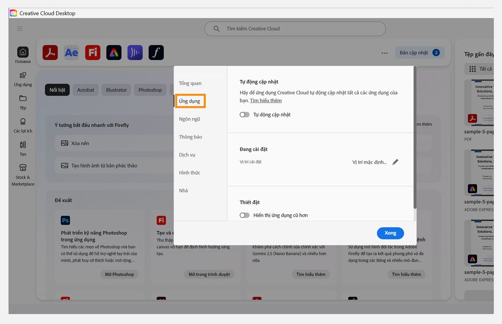Bảng lựa chọn ưu tiên của Adobe Creative Cloud đang mở trên tab "Ứng dụng", hiển thị các tùy chọn tự động cập nhật, vị trí cài đặt và mức sử dụng băng thông.