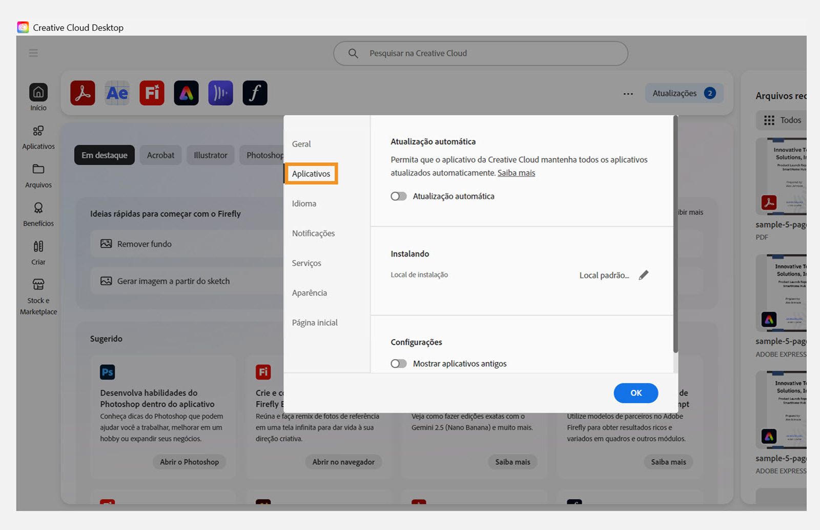 Painel de preferências da Adobe Creative Cloud aberto na guia “Aplicativos”, mostrando opções de atualização automática, local de instalação e uso de largura de banda.