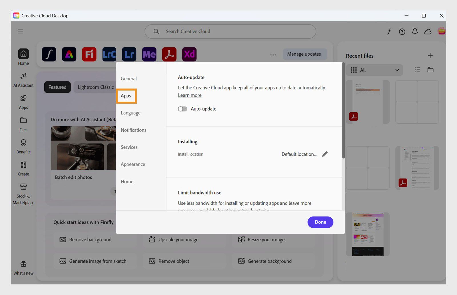 לוח העדפות של Adobe Creative Cloud פתוח בכרטיסיית "יישומים", מציג אפשרויות לעדכון אוטומטי, מיקום התקנה ושימוש ברוחב פס.