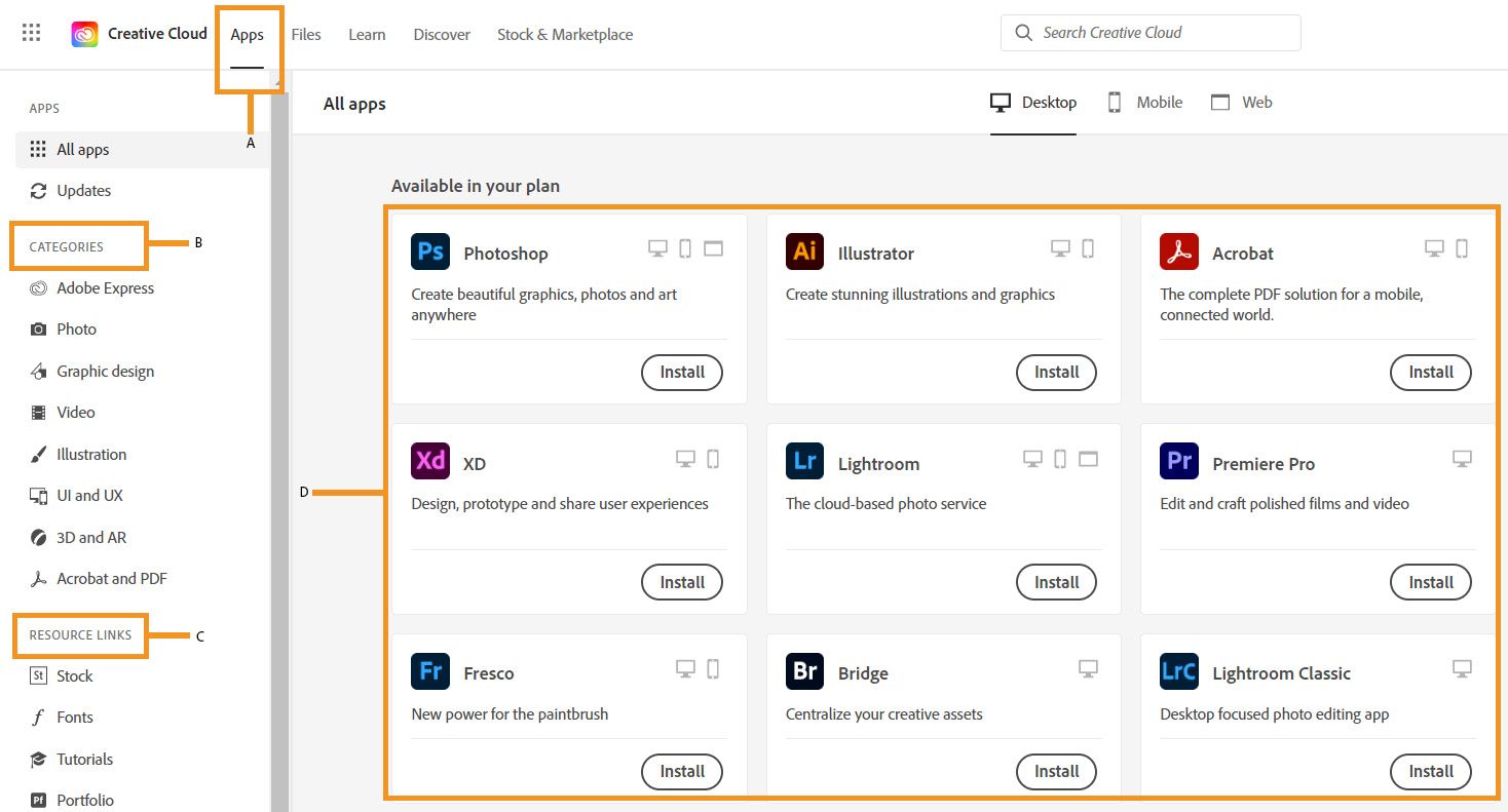Onglet Applications du site web de Creative Cloud