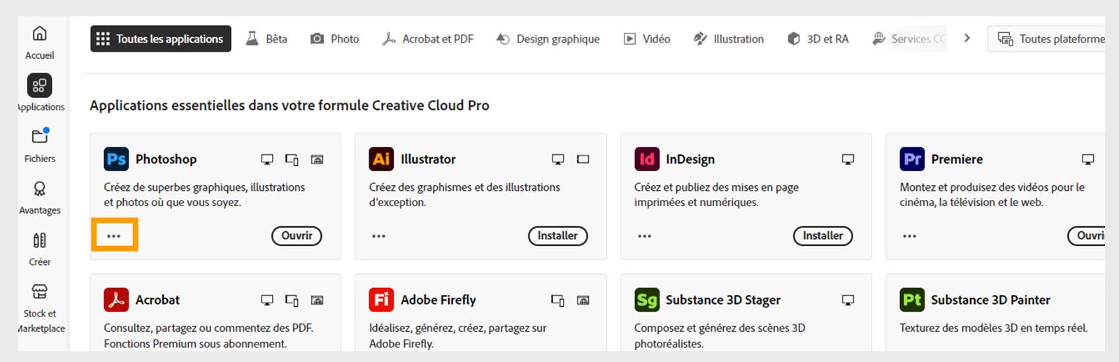 L'icône Autres actions disponible dans le coin inférieur gauche de la tuile de l'application offre la possibilité de télécharger des versions antérieures de l'application.