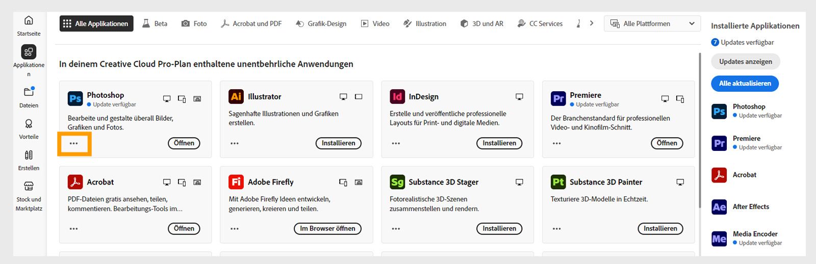 Das Symbol „Weitere Aktionen“ in der unteren linken Ecke der App-Kachel, mit der Option, ältere App-Versionen herunterzuladen.