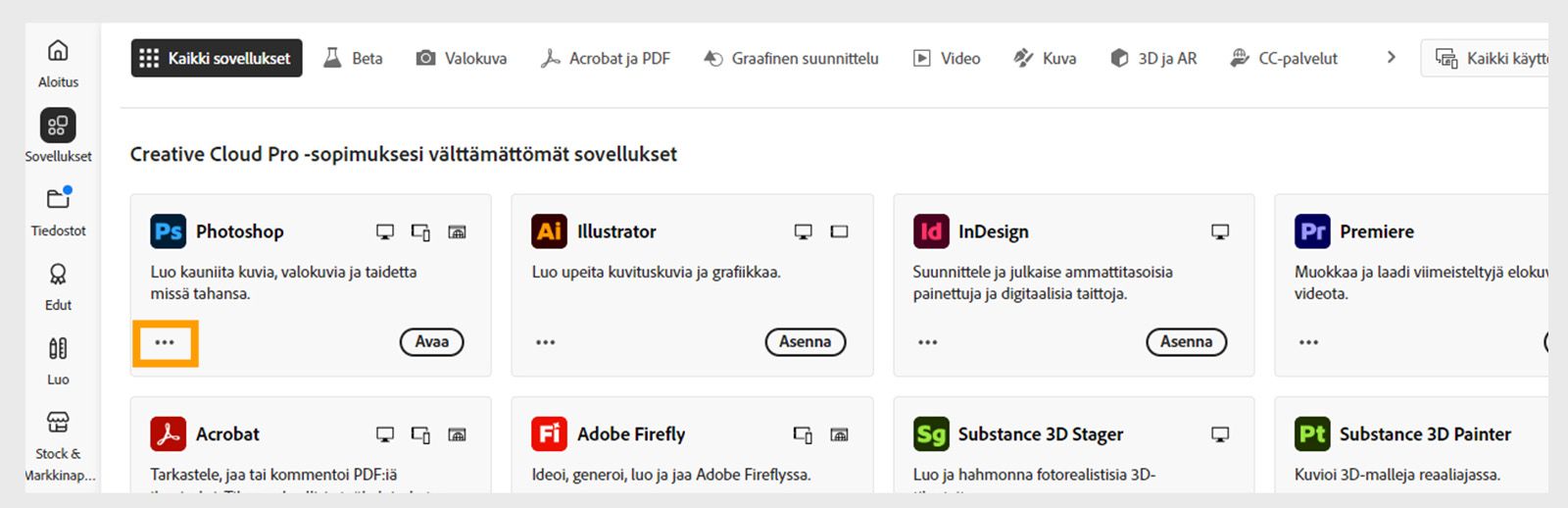 Sovelluksen ruudun vasemmassa alakulmassa oleva Lisää toimintoja -kuvake ja mahdollisuus ladata sovelluksen vanhempia versioita.