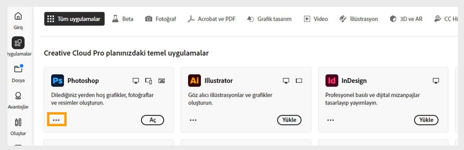 Uygulama kutucuğunun sol alt köşesindeki Diğer eylemler simgesi, uygulamanın eski sürümlerini indirme seçeneğiyle birlikte gösterilir.