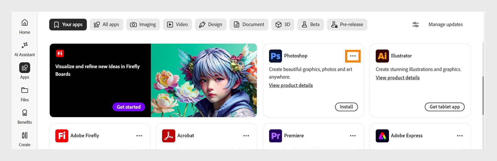 The More actions icon in the lower-left corner of the app tile, with the option to download older app versions.