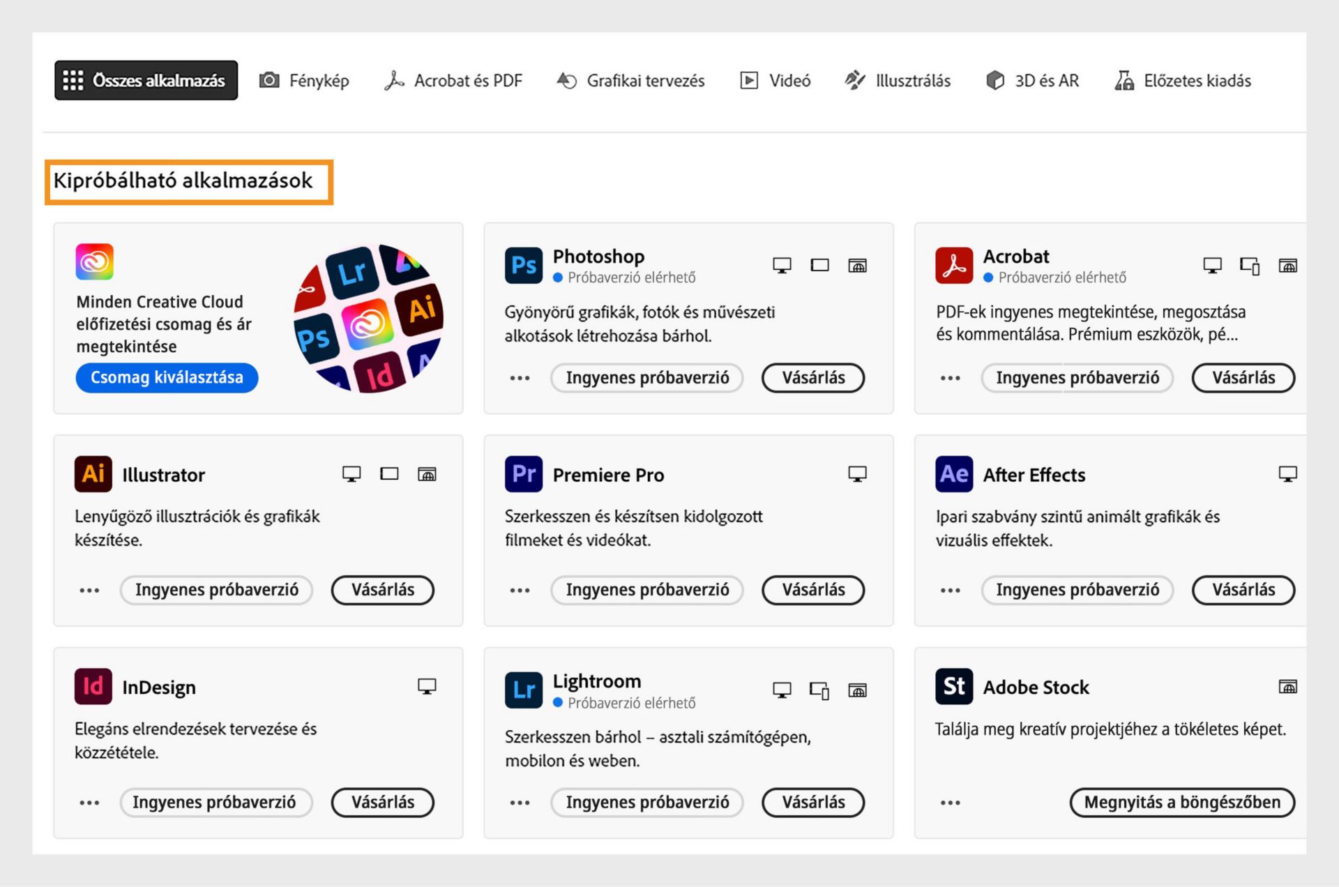 Az Összes alkalmazás lapon látható az összes, ingyenes próbaverzióként elérhető vagy megvásárolható Creative Cloud alkalmazás.