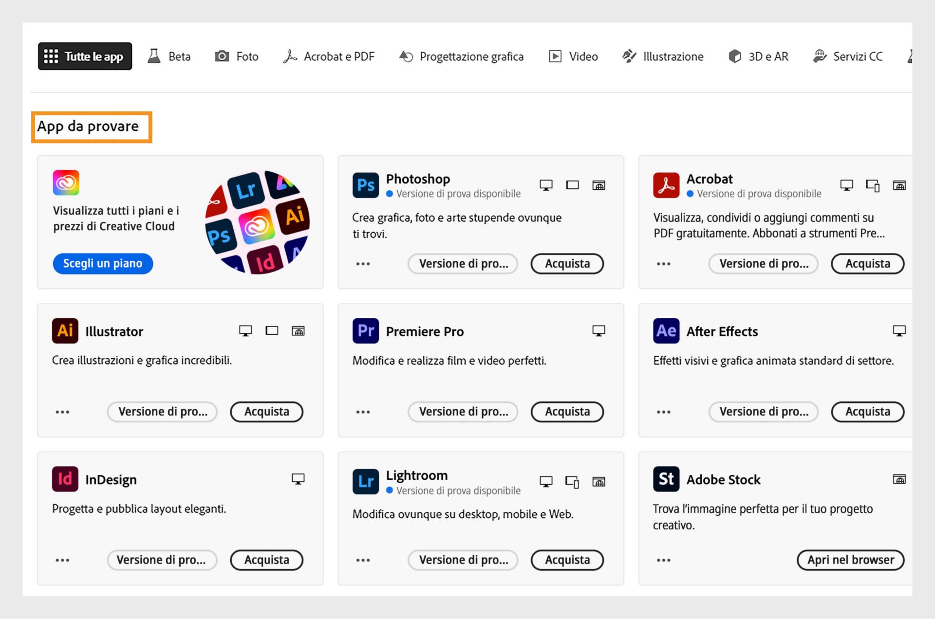 La scheda Tutte le applicazioni che mostra tutte le app Creative Cloud disponibili per la versione di prova gratuita o l'acquisto.