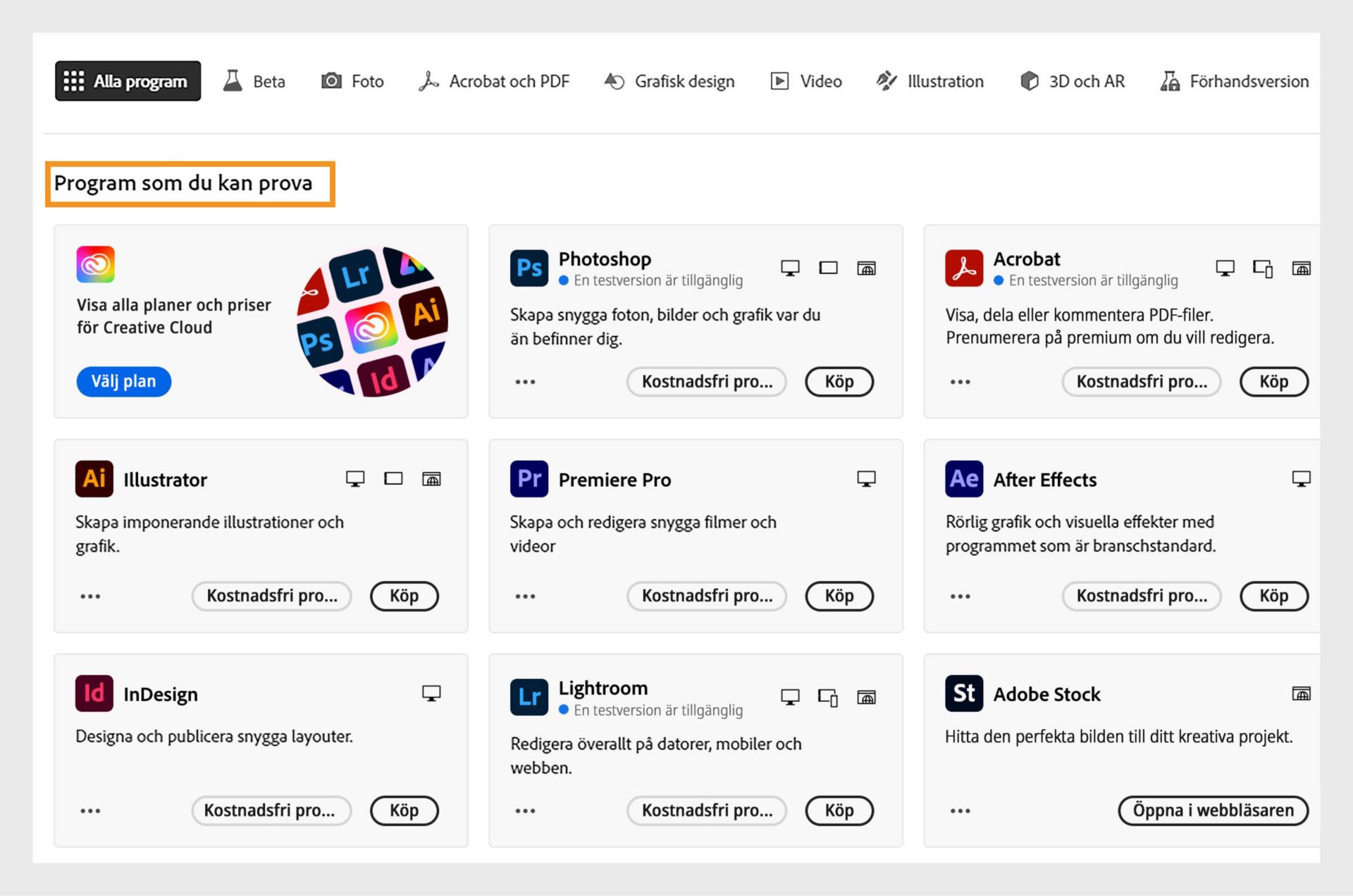 Fliken Alla program med alla Creative Cloud-program som går att köpa eller testa kostnadsfritt.