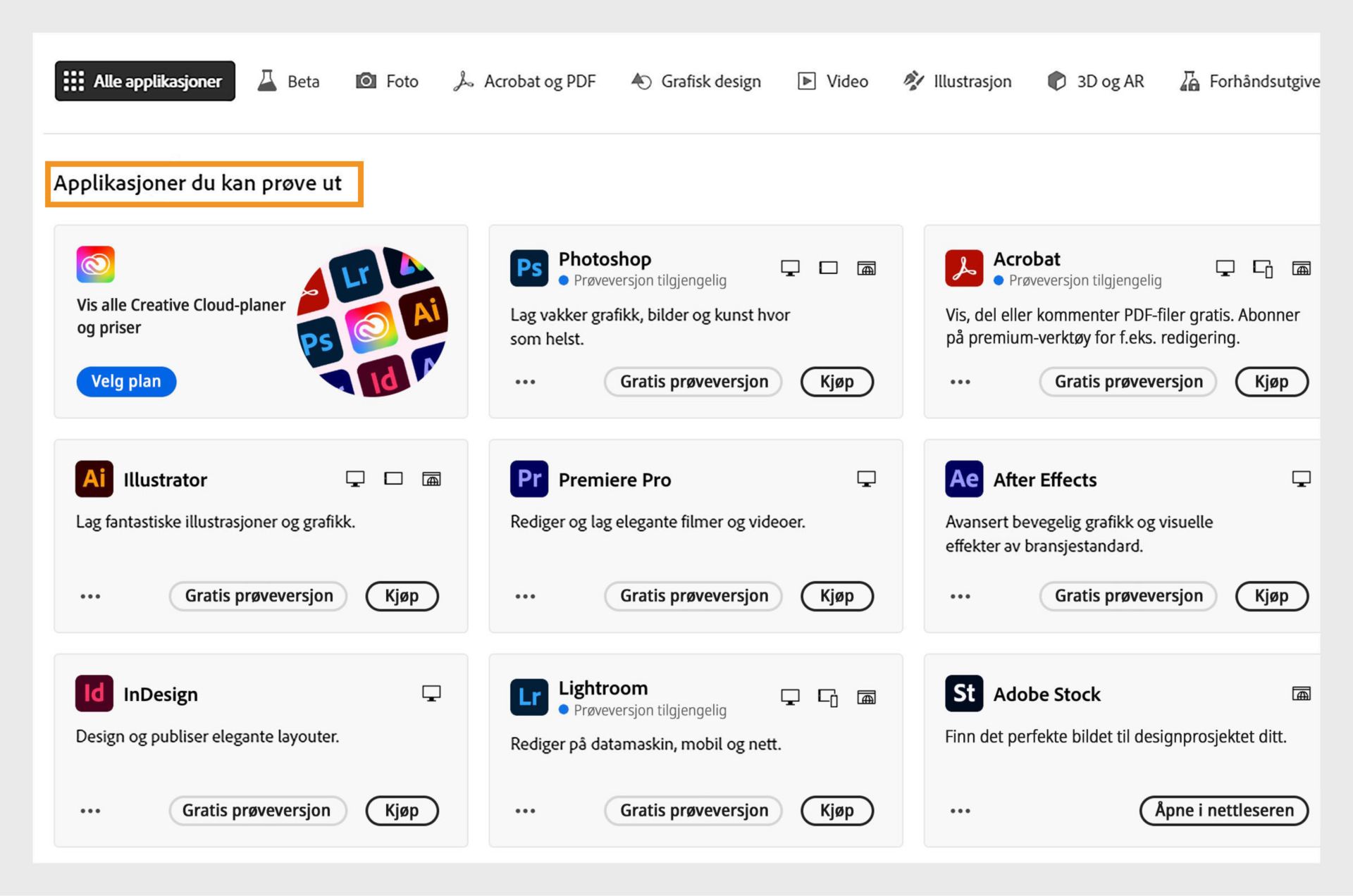 Fanen &quot;Alle applikasjoner&quot; viser alle Creative Cloud-applikasjonene du kan kjøpe eller få en gratis prøveversjon på.
