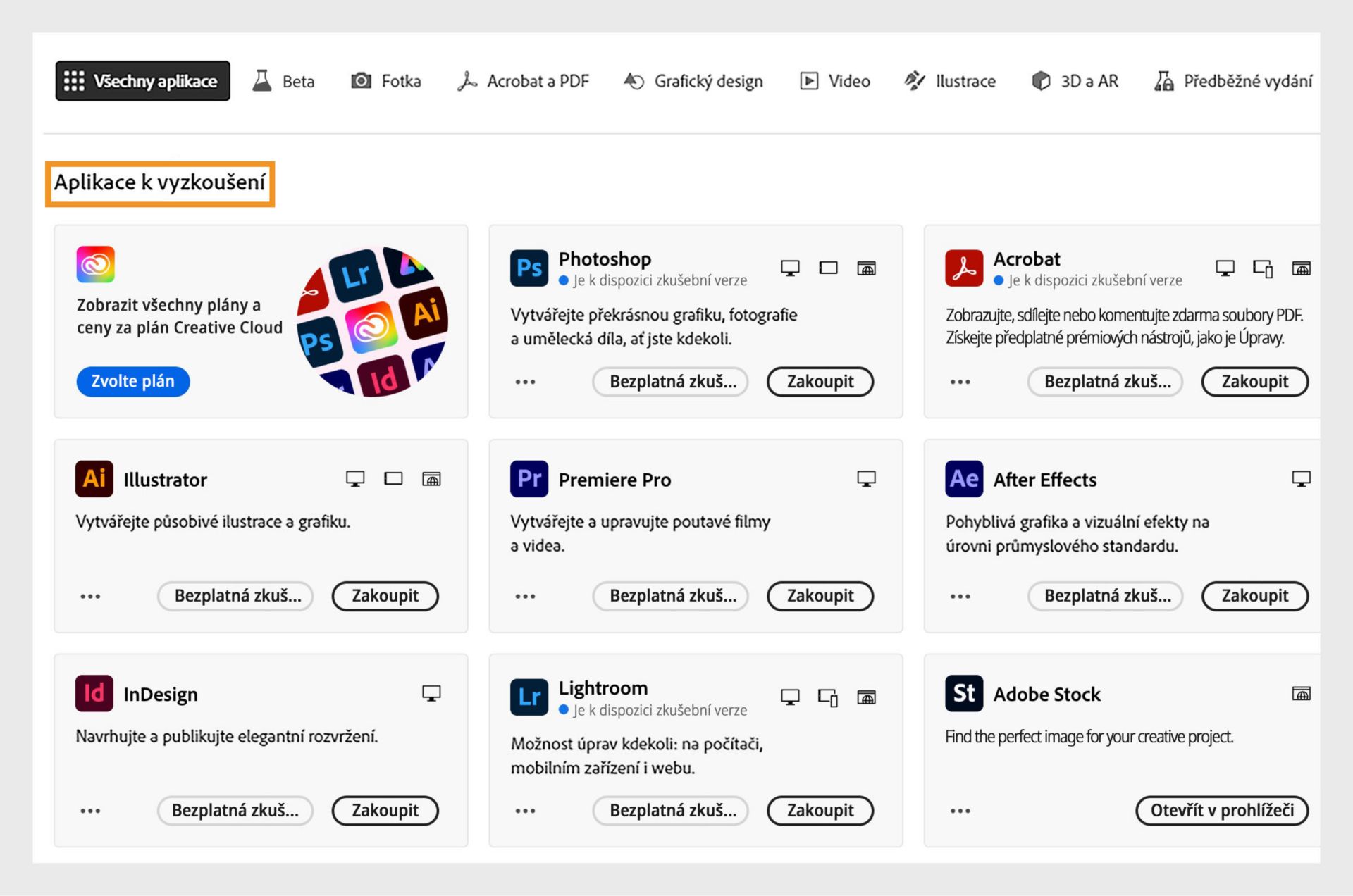 Karta Všechny aplikace zobrazuje všechny aplikace služby Creative Cloud, které lze vyzkoušet zdarma nebo zakoupit.