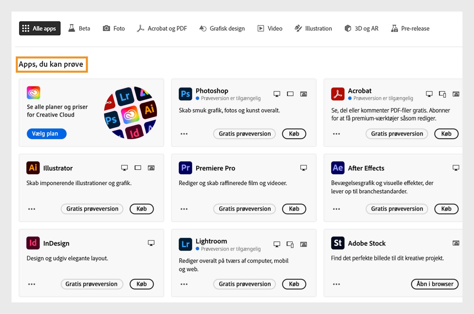 Fanen Alle apps viser alle Creative Cloud-apps, der kan afprøves gratis eller købes.