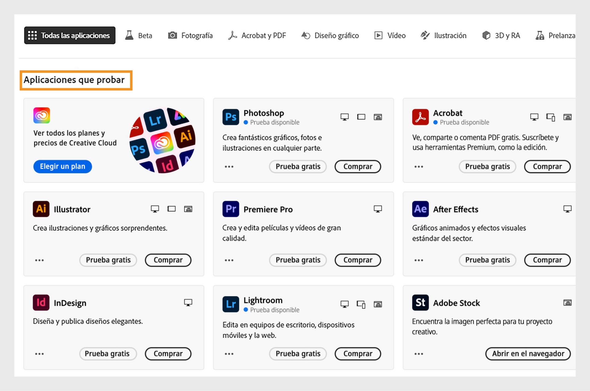 La pestaña de Todas las aplicaciones muestra todas las aplicaciones de Creative Cloud que están disponibles para probar de forma gratuita o comprar.