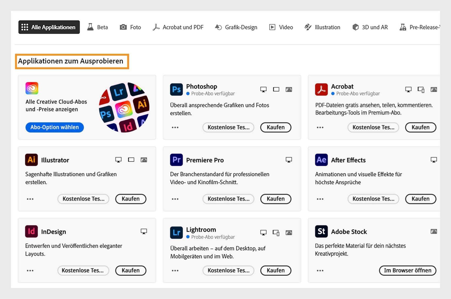 Auf der Registerkarte „Alle Applikationen“ werden alle Creative Cloud-Applikationen angezeigt, die du kaufen oder kostenlos testen kannst.