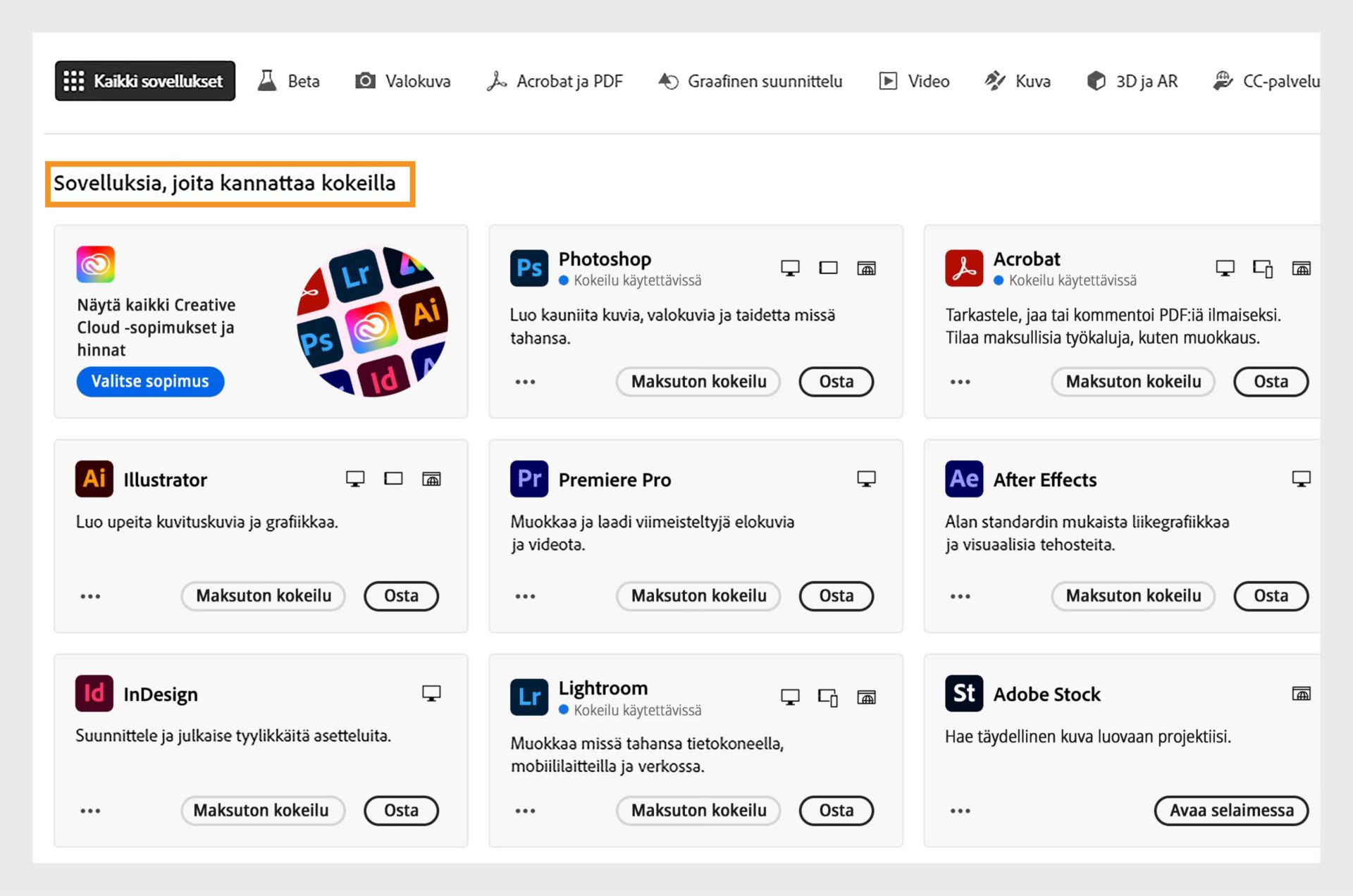 Kaikki sovellukset ‑välilehti, jolla näkyvät kaikki maksuttoman kokeilun piiriin kuuluvat tai ostettavissa olevat Creative Cloud ‑sovellukset.