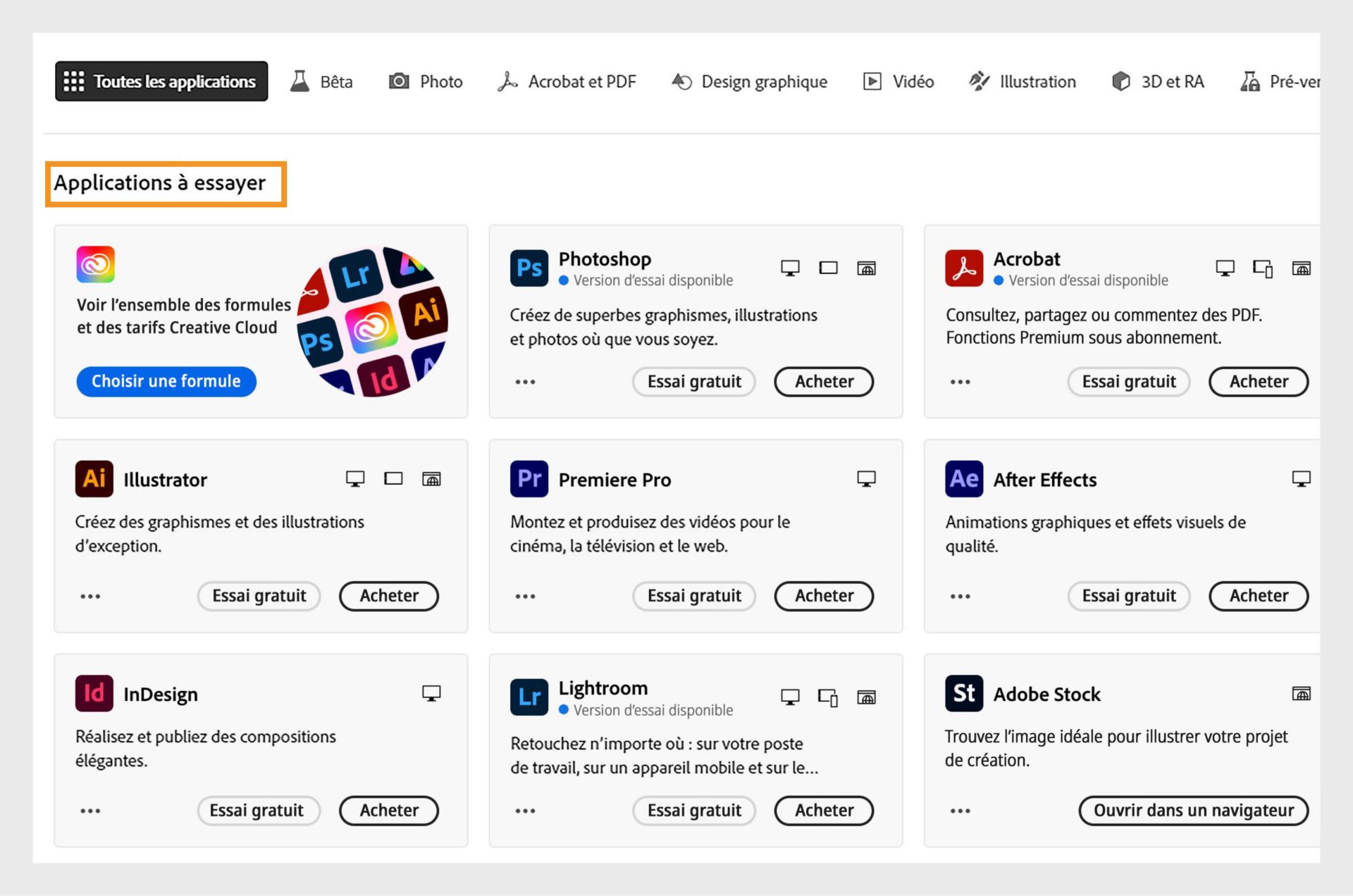 L’onglet Toutes les applications affichant toutes les applications Creative Cloud disponibles en essai gratuit ou à l’achat.