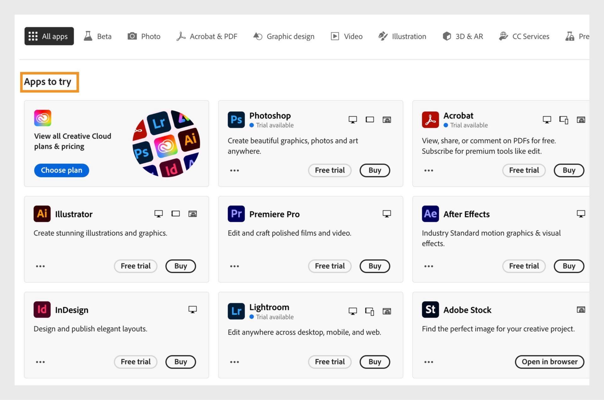The All apps tab showing all Creative Cloud apps that are available for free trial or purchase.