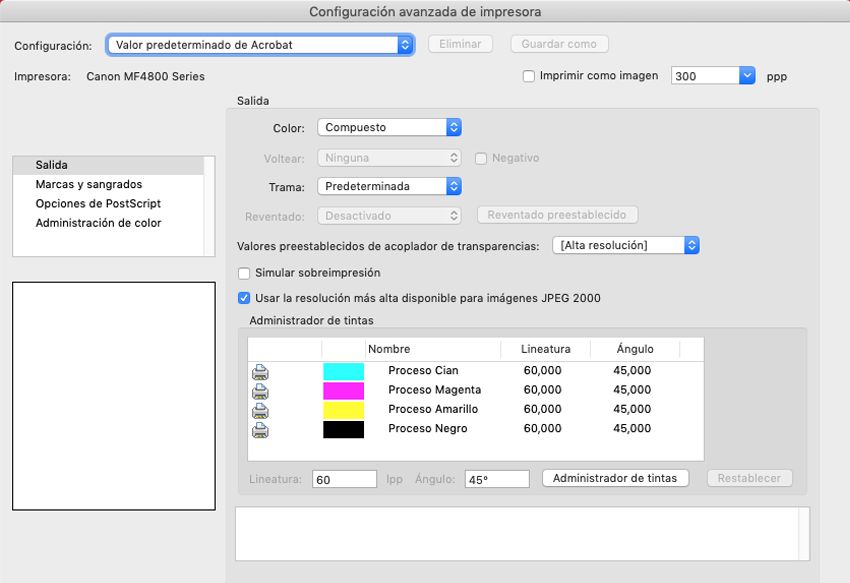 Cuadro de diálogo Configuración de impresión avanzada