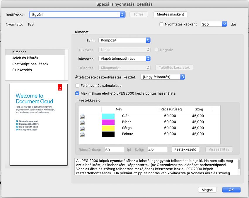 Speciális nyomtatóbeállítás párbeszédpanel