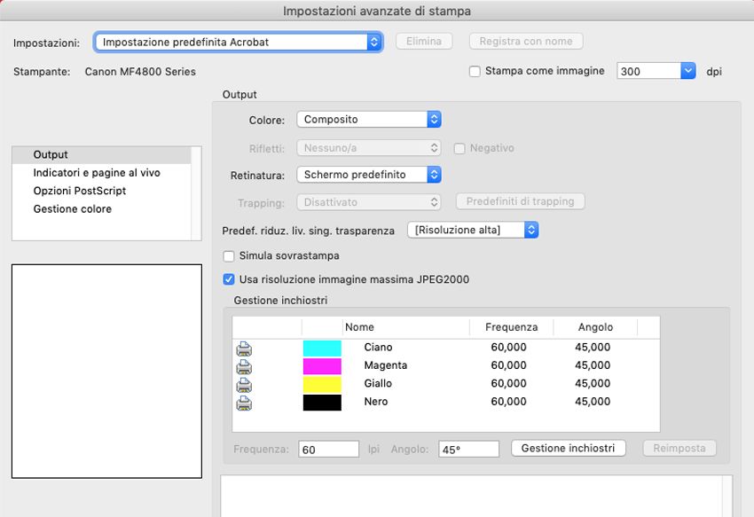 Finestra di dialogo Impostazioni avanzate di stampa