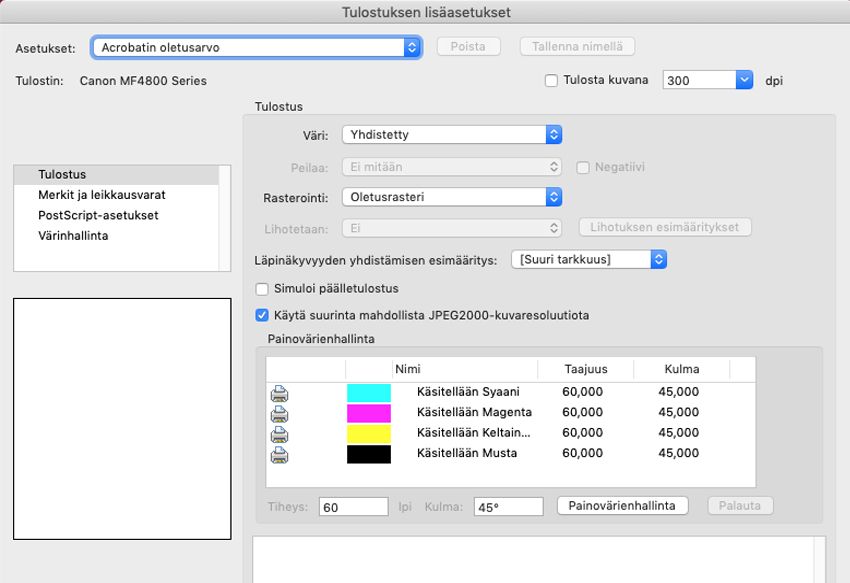 Tulostuksen lisäasetukset -valintaikkuna